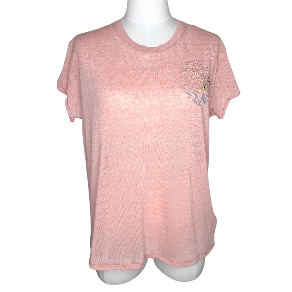 We The Free FP Beach Embroidered Light Pink Tee Semi Sheer XS